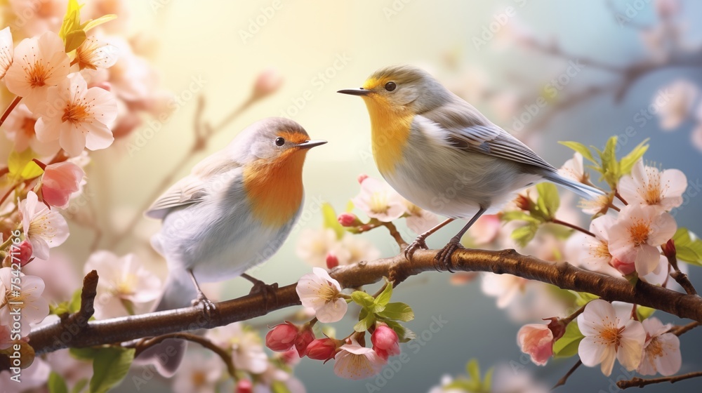Blooming flowers, lovebirds perched on tree branches, symbolize the beauty and harmony of nature, evoking feelings of love and serenity.
