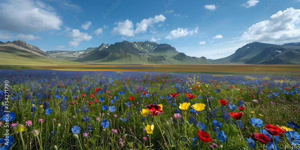 Fototapeta premium A field of wildflowers provides a vibrant foreground against a mountain backdrop. Concept Wildflowers, Mountain View, Nature, Landscape Photography, Scenic Beauty