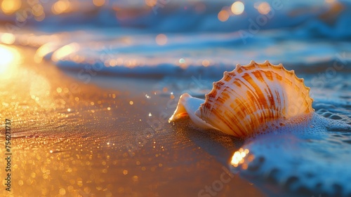 Sunset Sea with Shimmering Seashell Illustrating Peaceful Beach Moments