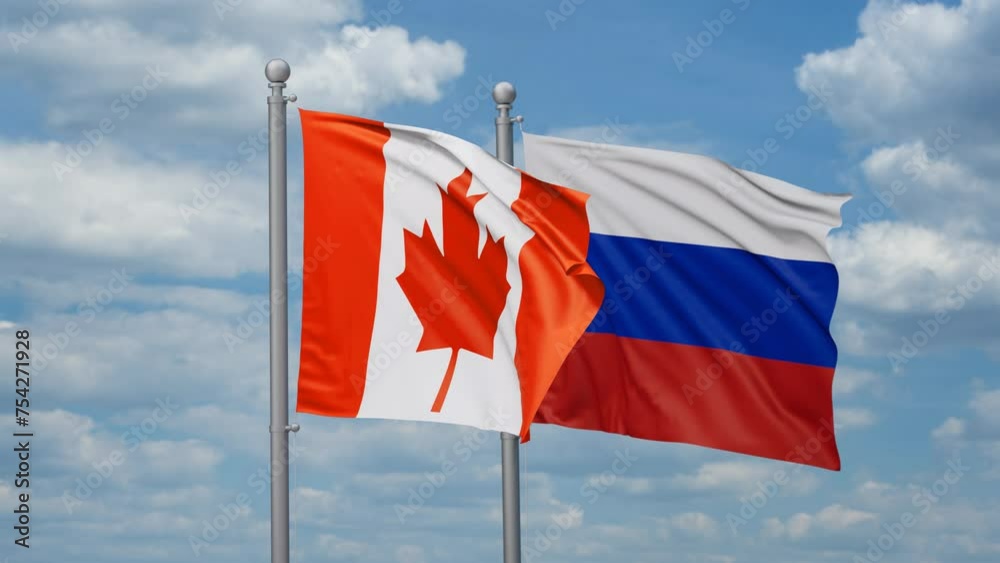 Russian Federation and Canada two flags waving together, looped video Russian Federation and Canada two flags waving together, looped video