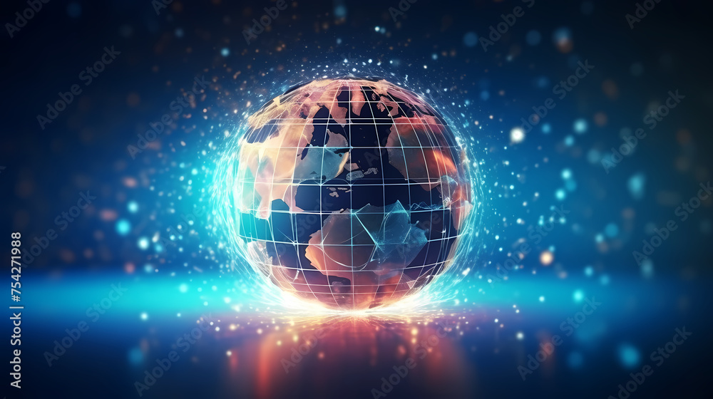 Illustration of digital earth with network lines and data points symbolizing global connectivity and information exchange on circuit board Illustration of digital earth with network lines and data points symbolizing global connectivity and information exchange on circuit board