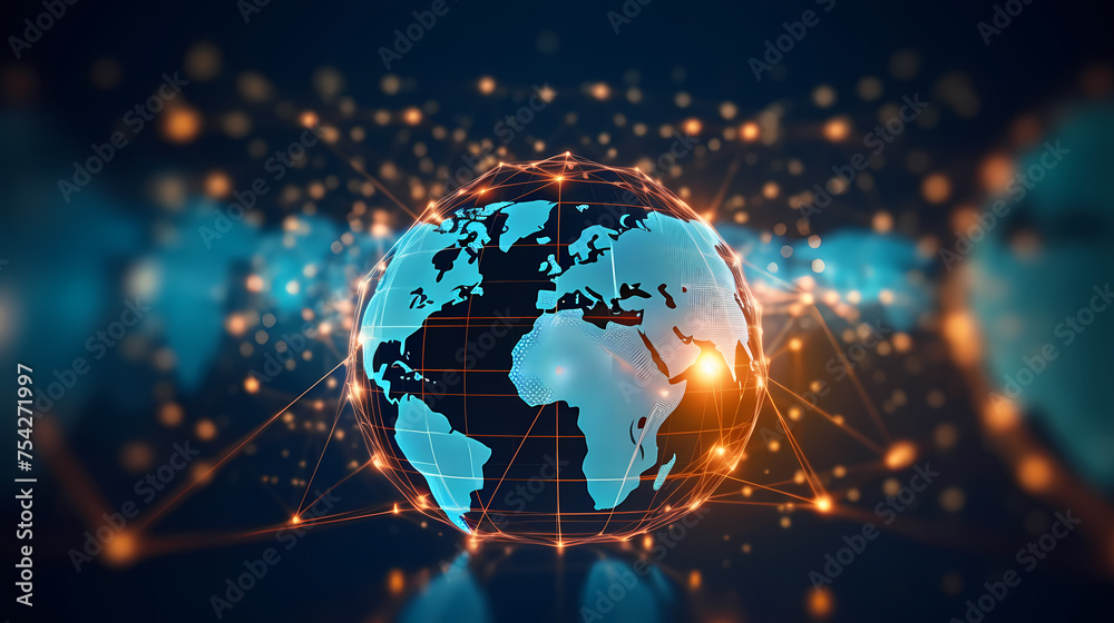 Illustration of digital earth with network lines and data points symbolizing global connectivity and information exchange on circuit board