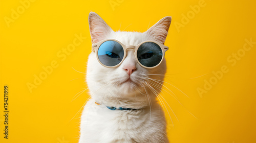 white cat with sunglasses on a yellow background. generative ai © Malaika