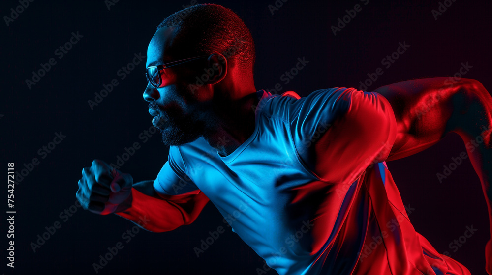 Commercial photo for a sports brand, black man, running, dynamic posture - obrazy, fototapety, plakaty 