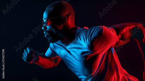 Commercial photo for a sports brand, black man, running, dynamic posture