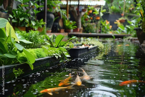 Aquaponics hydroponics Combining modern plant cultivation and fish farming. Generative AI