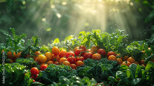 Sunlight beams over fresh tomatoes nestled in dewy green leaves. photo