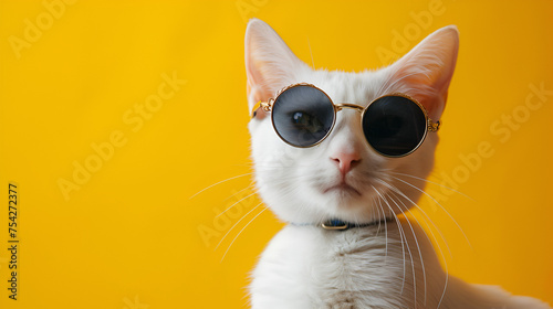 white cat with sunglasses on a yellow background. generative ai