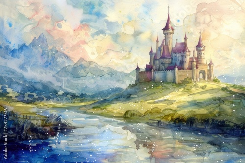A watercolor painting of a castle perched on a hill overlooking a shimmering river.