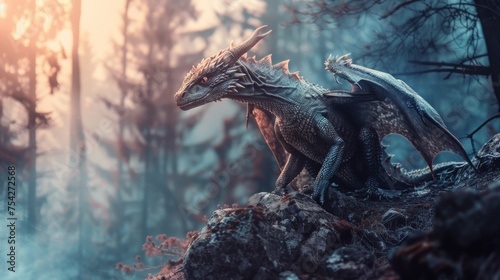 Majestic Dragon Perched in Enchanted Forest, Wildlife photography with fantasy backgrounds. © Pui