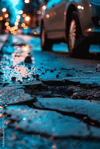 A street with potholes  a hole in the road.. Damaged asphalt. generative ai