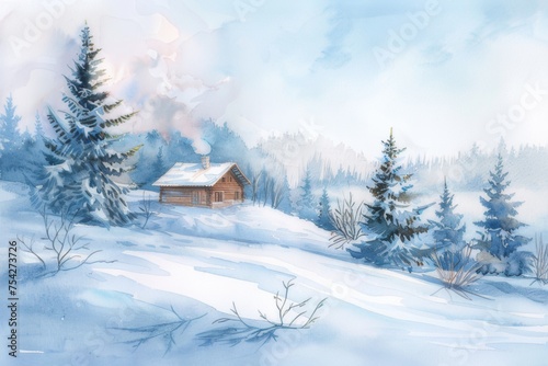 A watercolor illustration depicting a snowy winter landscape featuring a small hut.