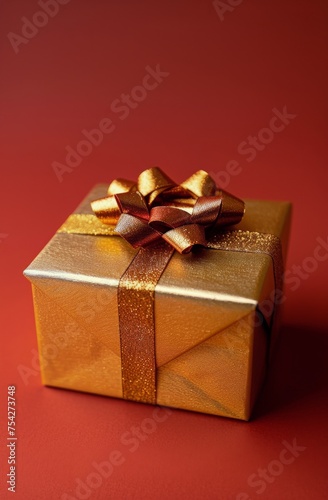 Gold Gift Box With Bow on Red Background