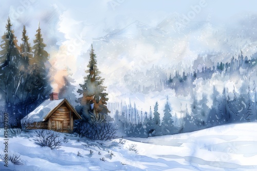 A watercolor illustration depicting a snowy winter landscape featuring a small hut.