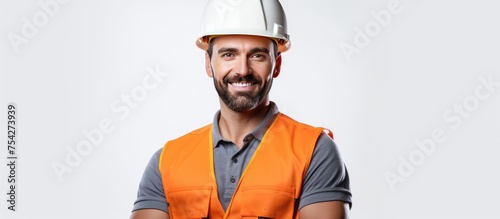 A man dressed in an orange safety vest and a white hard hat stands on a white background. He appears focused and ready for work, showcasing safety in a construction environment.