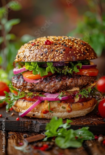 Hamburger With Meat and Vegetables on Wooden Board
