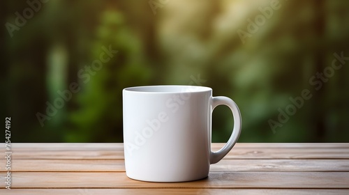 Close up of a white Mug on a wooden Table in a Forest. Blurred natural Background