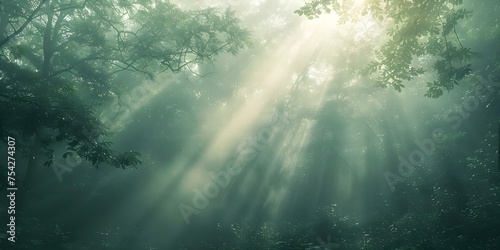 The Dawn Illuminated by Sunbeams in a Misty Forest. Concept Nature Photography  Morning Light  Misty Forest Scene  Sunbeams  Dawn Atmosphere