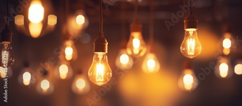 A multitude of light bulbs dangle from the ceiling, creating an abstract and intriguing sight. Some bulbs are slightly blurred for added visual appeal, enhancing the overall aesthetic of the room.