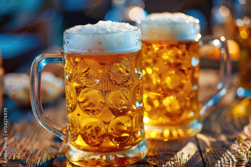 Beer mugwith fresh pretzels or brezen at Oktoberfest, ai generated