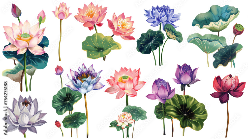 A set of vibrant, detailed illustrations of lotus flowers and leaves, showcasing a variety of colors and stages of bloom. Clipart on transparent background. A set of vibrant, detailed illustrations of lotus flowers and leaves, showcasing a variety of colors and stages of bloom. Clipart on transparent background.