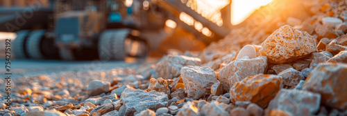 Closeup of rocks and earth at the site of an open pit mine, mine mining process in fabric photo