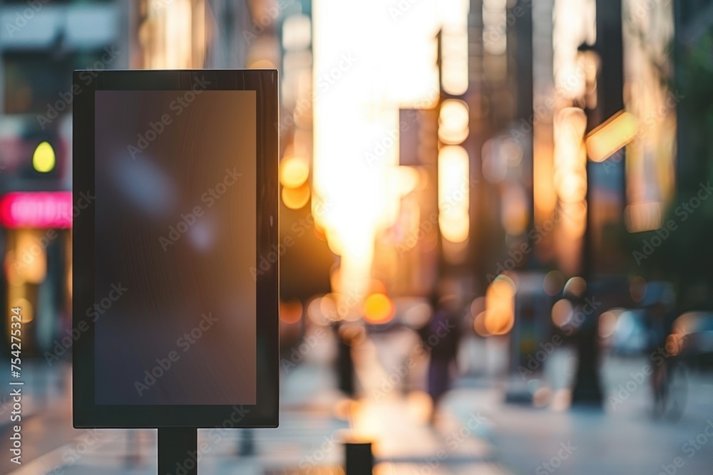 Sidewalk billboard mockup with a blurred city street scene. Urban marketing strategy Sidewalk billboard mockup with a blurred city street scene. Urban marketing strategy