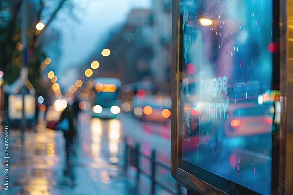 Sidewalk billboard mockup with a blurred city street scene. Urban marketing strategy