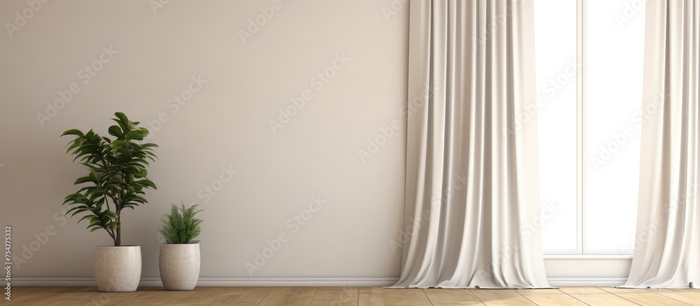 A modern living room with a plant placed in a pot in the corner of the room. The room features a heating battery, curtains, and minimalist interior design. A modern living room with a plant placed in a pot in the corner of the room. The room features a heating battery, curtains, and minimalist interior design.