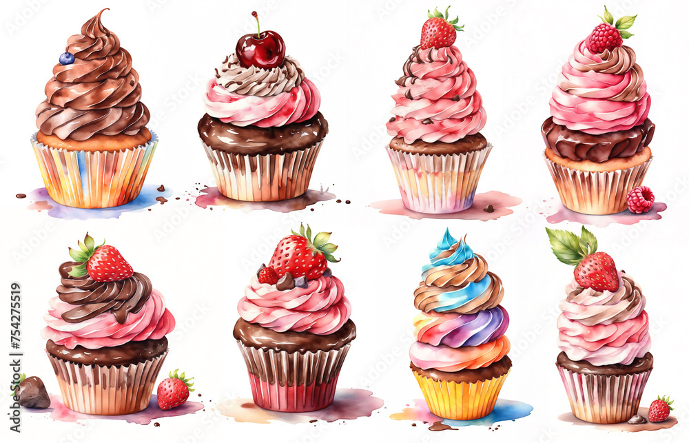 Set chocolate cupcakes on a white background. Watercolor illustrations. Sweet pastries decorated with cherry, cowberry, raspberries Set chocolate cupcakes on a white background. Watercolor illustrations. Sweet pastries decorated with cherry, cowberry, raspberries