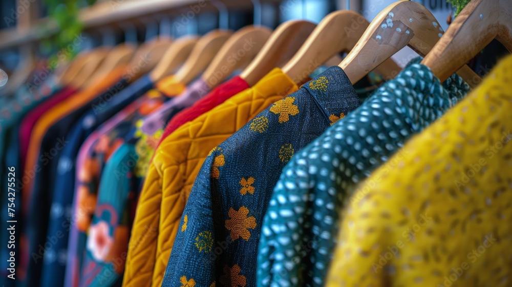 Colorful clothing on hangers showcasing diverse fashion styles and patterns Colorful clothing on hangers showcasing diverse fashion styles and patterns