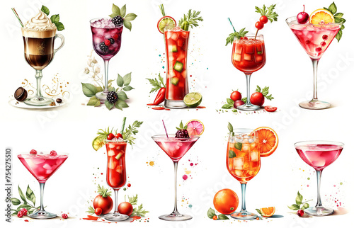 Collection of alcohol cocktails and other drinks watercolor illustrations set