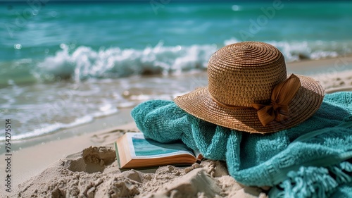 Relaxing beach scene with straw hat, aqua marine towel, and a serene book