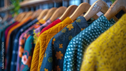 Colorful clothing on hangers showcasing diverse fashion styles and patterns