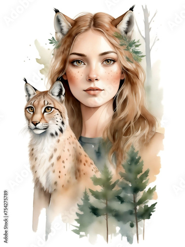 Portrait of romantic girl with forest elements and lynx. Watercolor illustration set isolated on white background