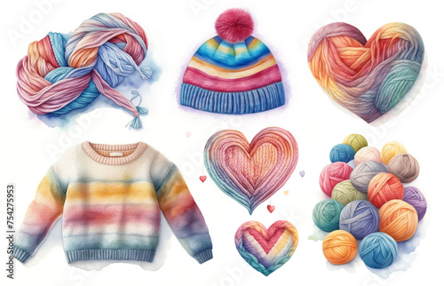 Knitting watercolor illustrations set isolated on white background. Yarn balls. Knitted sweater, hat. Wool