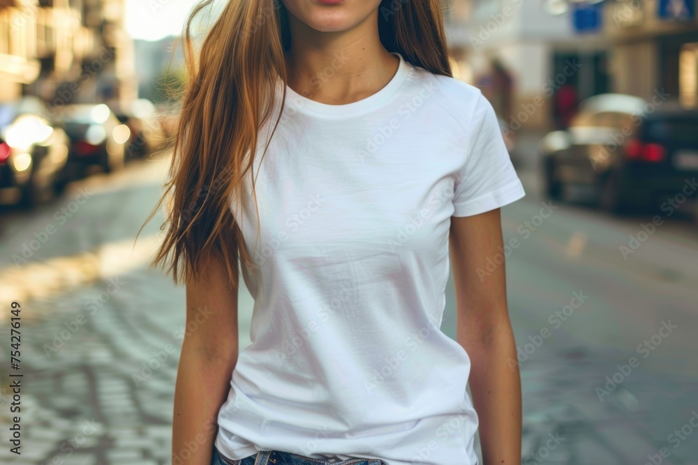 Young Model T-Shirt Mockup, Woman Wearing White T-Shirt on a Blurred Street Background