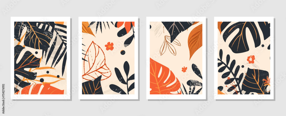 Fototapeta premium set of vector backgrounds featuring tropical leaves suitable for wall decoration, postcard designs, or brochure covers.