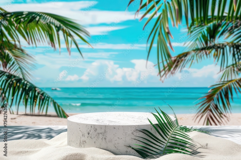 Summer tropical background, Podium on sand beach on sea background