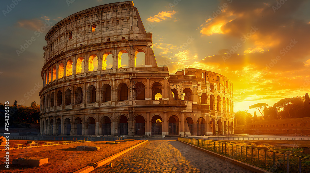 Colosseum in Rome at sunset, Italy. The Roman Coliseum is one of the main tourist attractions in Rome.