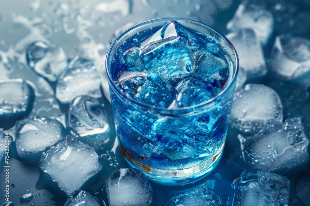 A high-angle view of a stunning crystal-clear glass filled with a vibrant blue cocktail and surrounded by glistening ice cubes. A high-angle view of a stunning crystal-clear glass filled with a vibrant blue cocktail and surrounded by glistening ice cubes.
