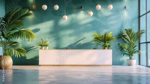 Modern lobby with lush potted plants and a minimalist white reception desk