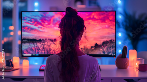 Rear view of a young woman sitting at a table in front of a computer monitor