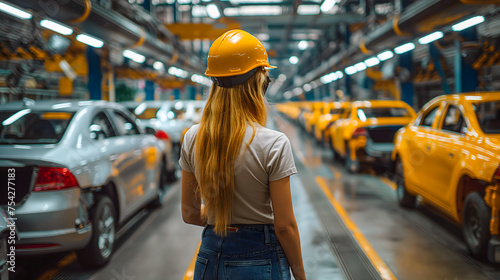 Female worker in yellow hardhat standing in front of car in auto service