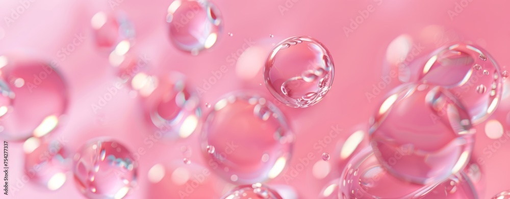 A pink background with transparent gel droplets floating. Abstract background with clear serum or gel drops. Flat lay of hydro alcoholic gel splashes A pink background with transparent gel droplets floating. Abstract background with clear serum or gel drops. Flat lay of hydro alcoholic gel splashes