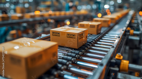 Carton boxes on conveyor belt in warehouse. © Nut Cdev
