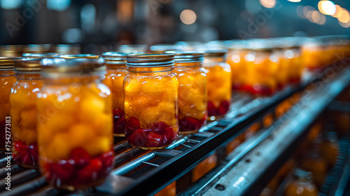 Cherry jam in glass jar on conveyor belt in factory.