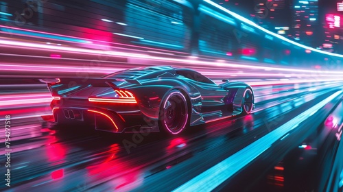 Futuristic hypercar speeding through neon-lit city. 3D illustration of a high-performance vehicle with light streaks. Urban racing and modern technology concept.