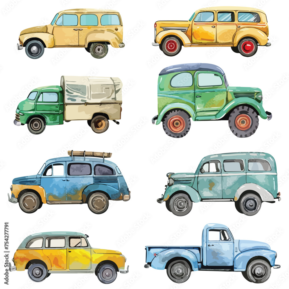 A collection of different vehicles. watercolor clipart