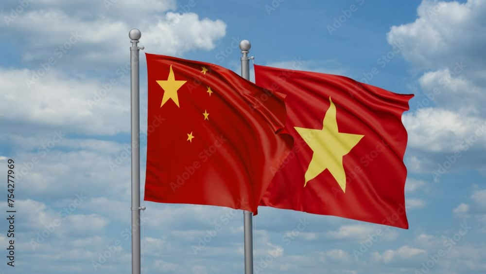 Vietnam and China two flags waving together, looped video Vietnam and China two flags waving together, looped video